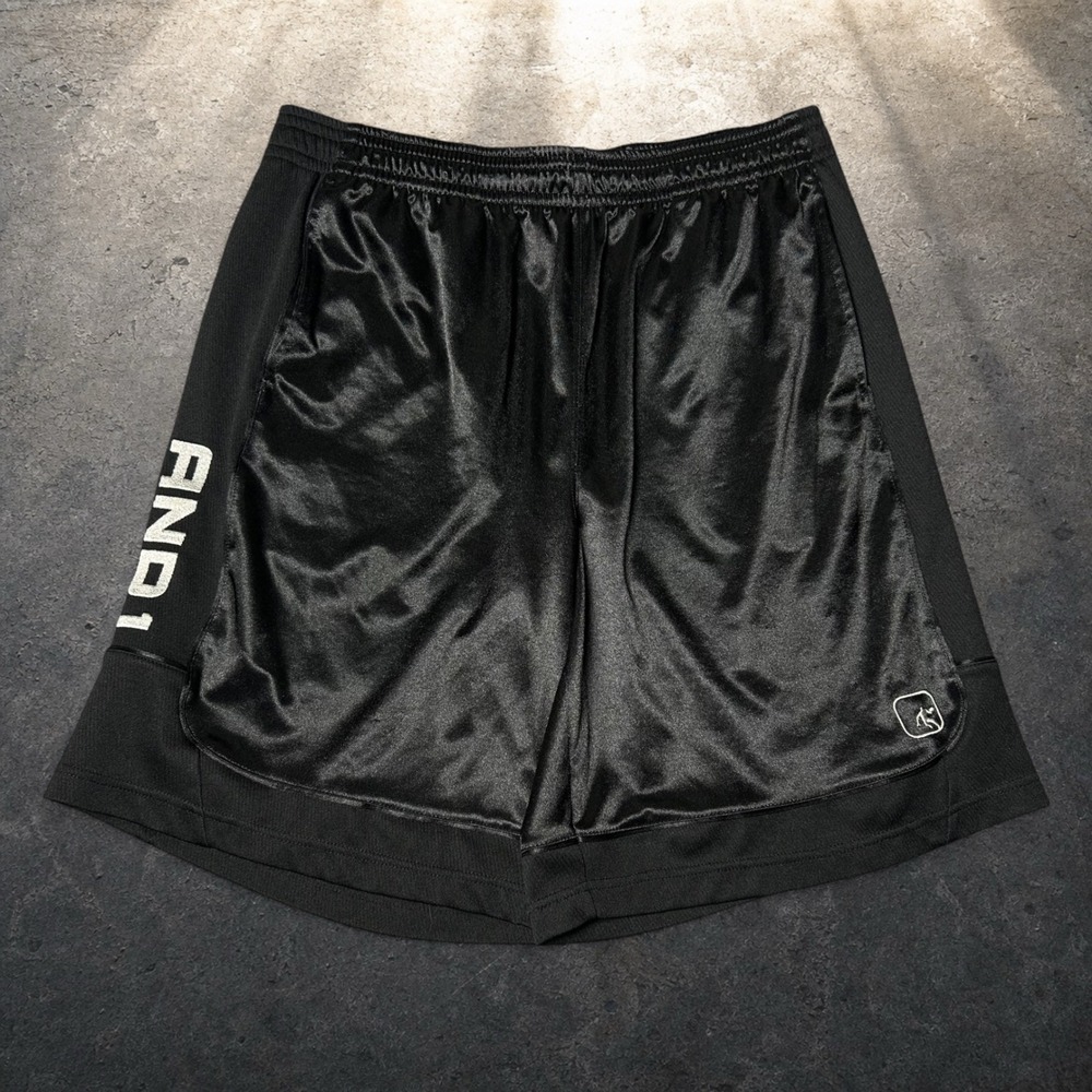 AND1 Basketball Shorts Black Satin Mesh Baggy Y2K Retro Men Size XL